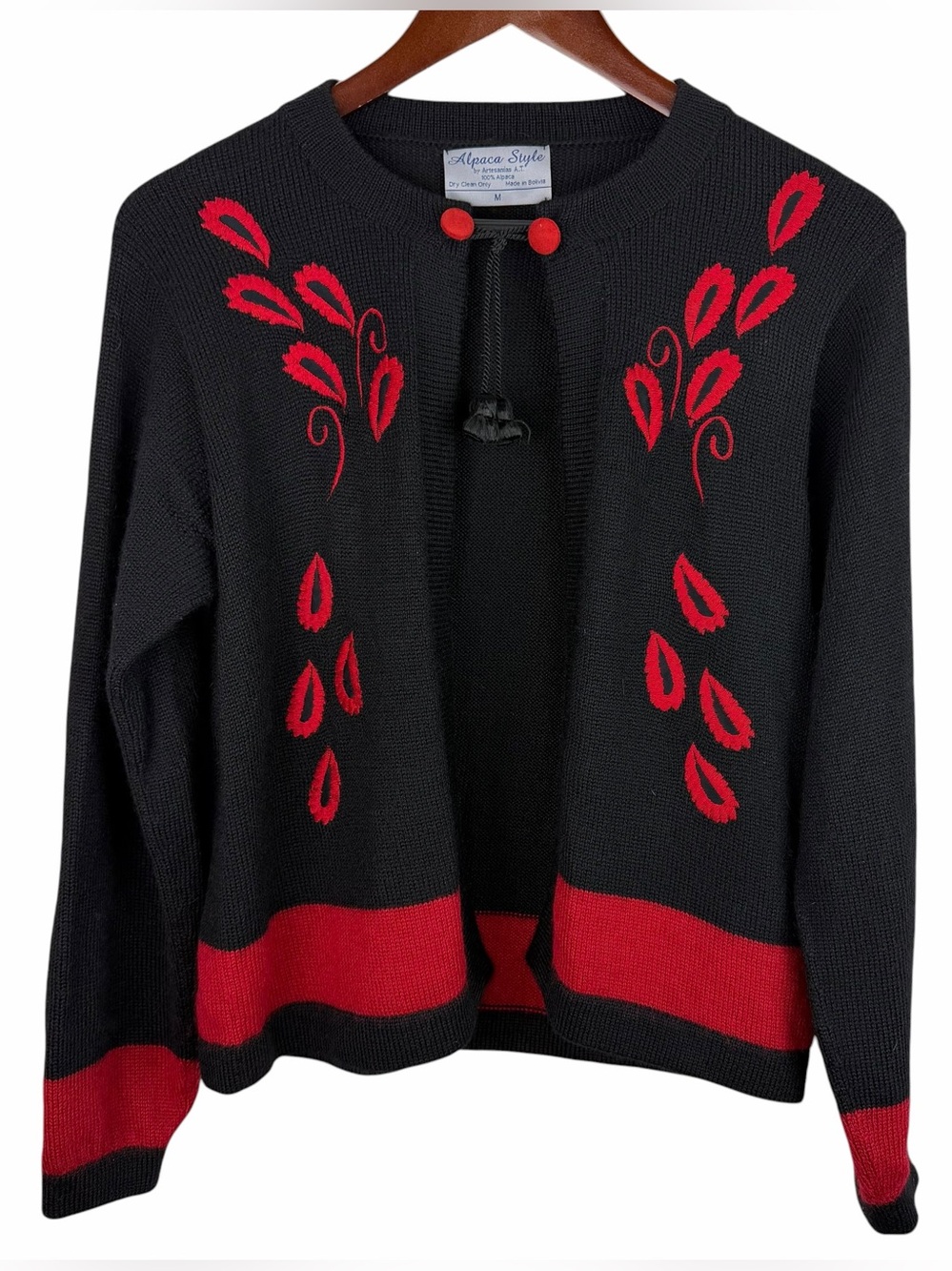 Alpaca Style | Black Red Floral Open Front Sweater Cardigan